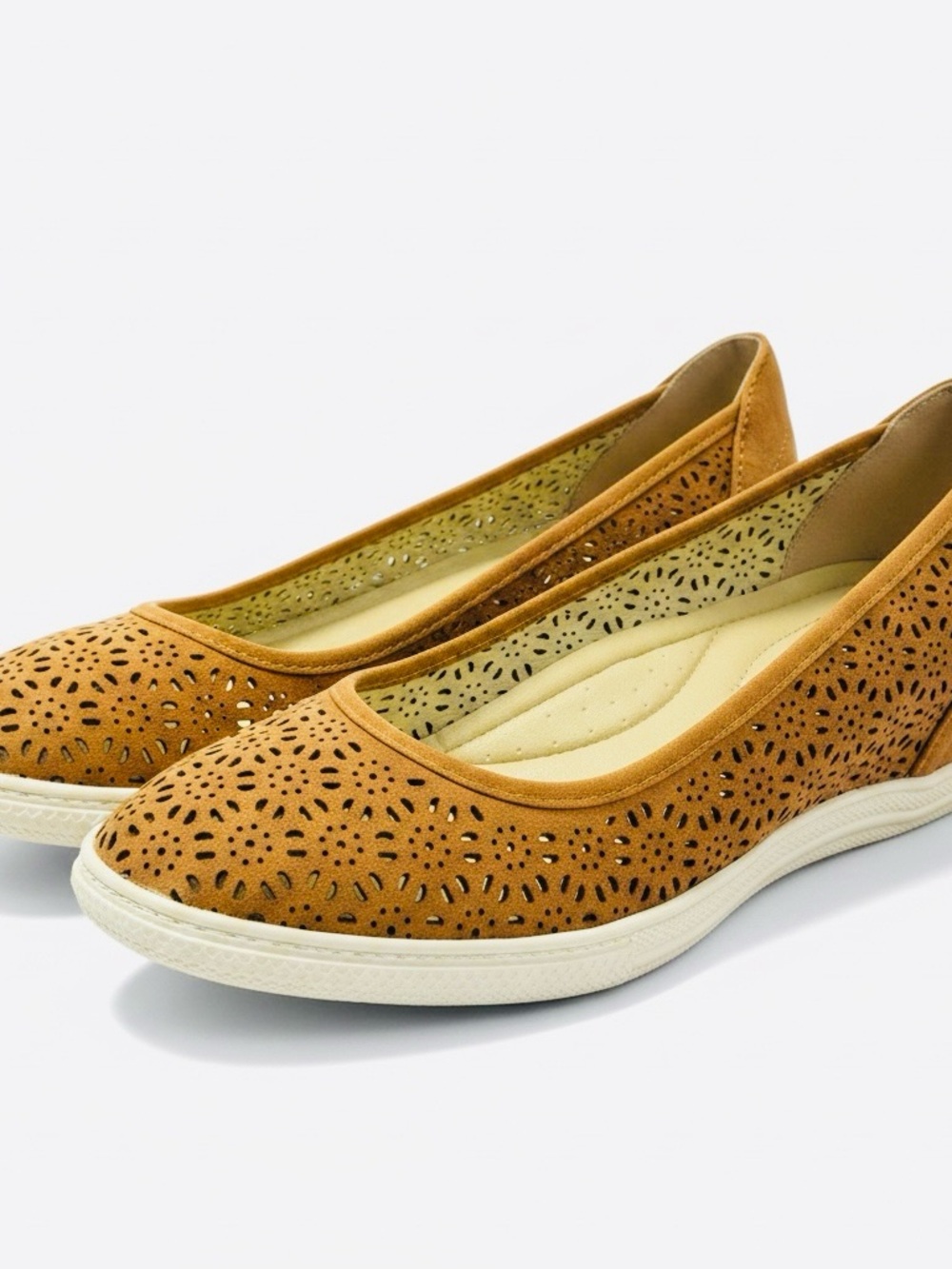 Women's Tan Perforated Wedge Flats - Comfortable Everyday Style